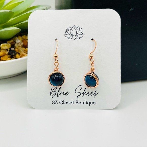 Rose Gold Blue Tigers Eye Earrings - Picture 6 of 8